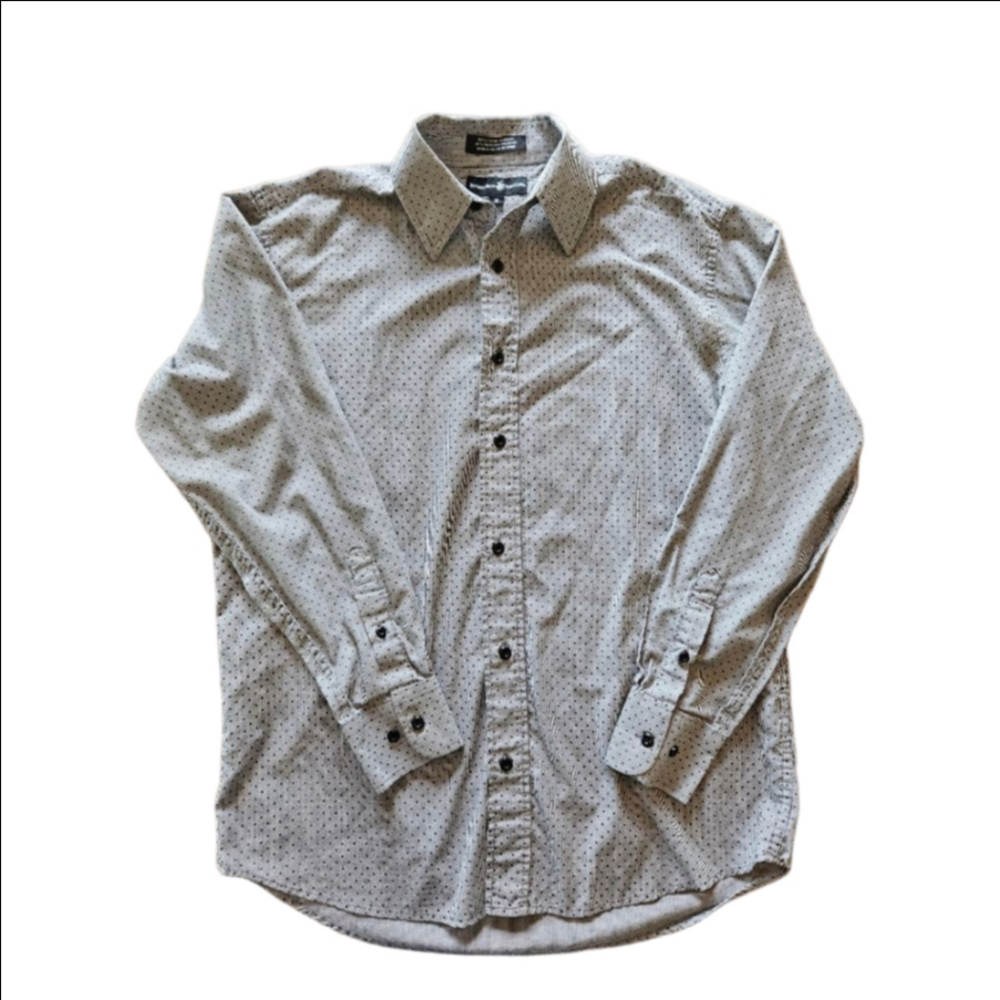 Men's Beverly Hills Polo Club White Black Striped Polka Dot Button Down Shirt M